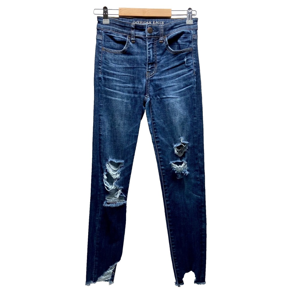 American Eagle Skinny Jeans Women's 2 Dark Blue Next Level Stretch Distressed GC